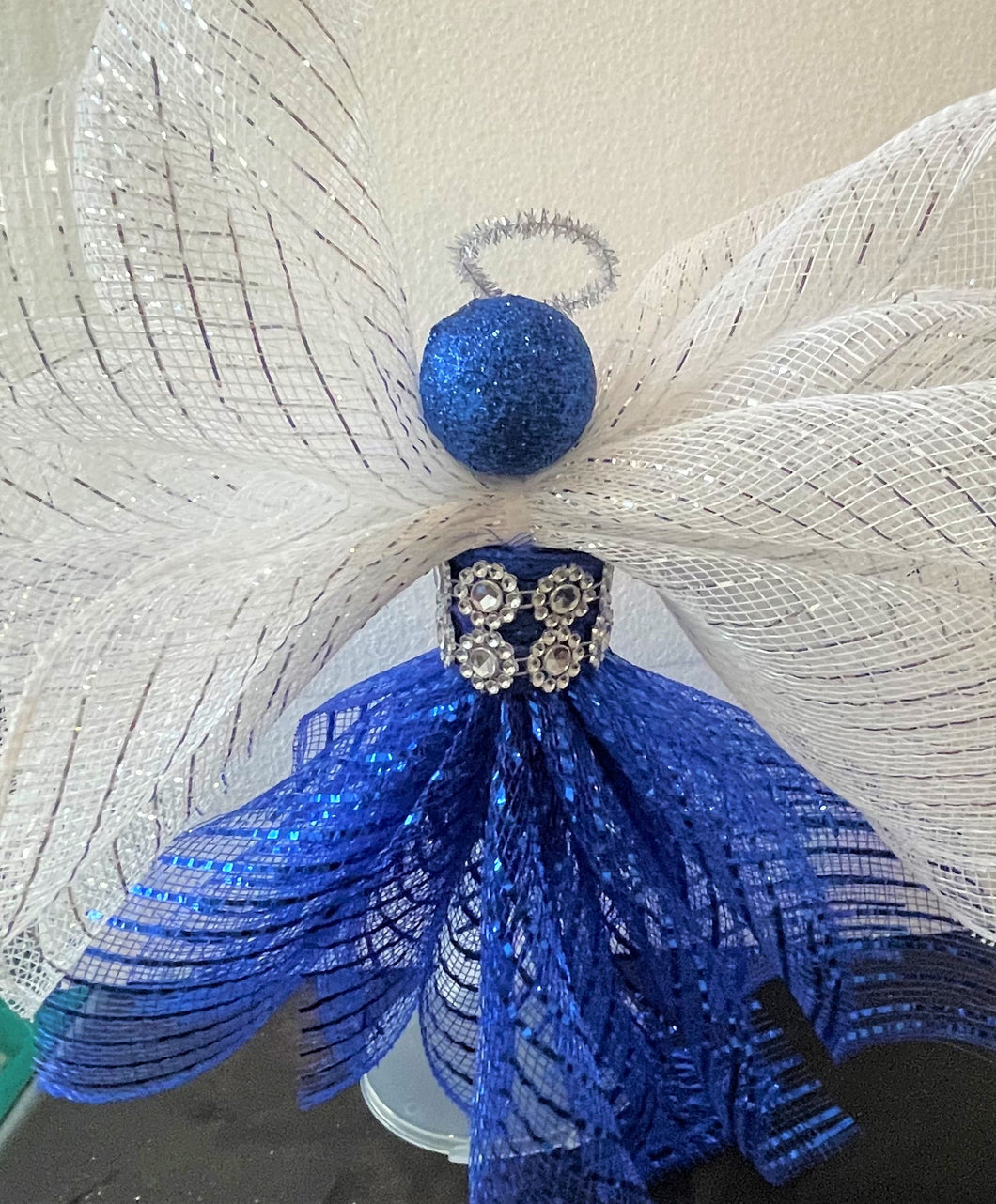 Wreath Self Standing Tree Topper Royal Blue Mesh Angel