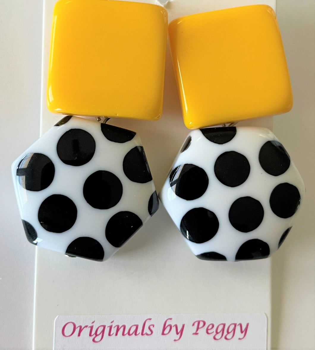 AOR100 Yellow and Black Polka Dot Acrylic Drop Earrings