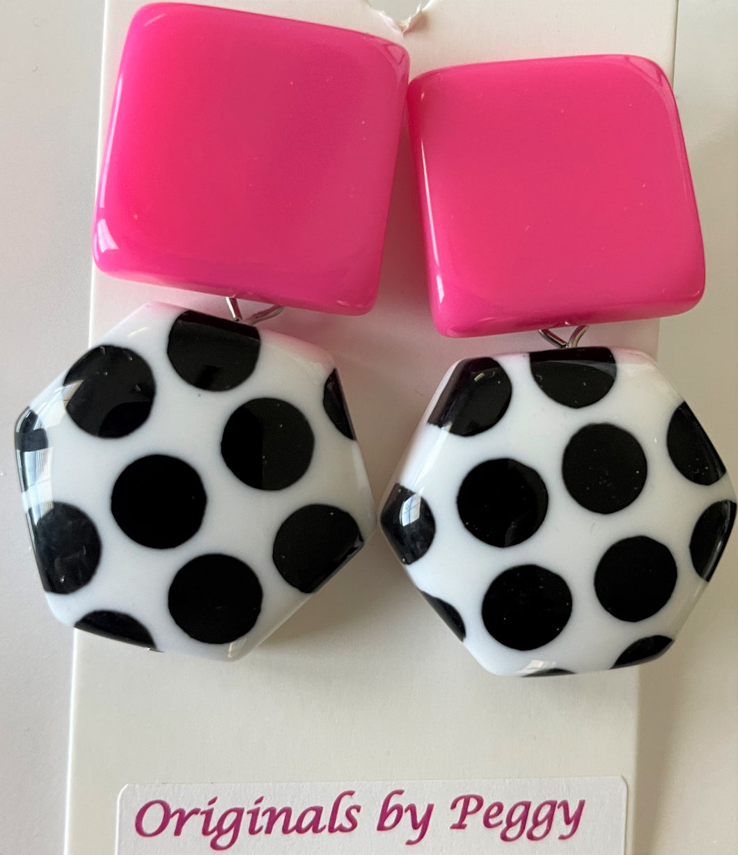 AOR110 Pink and Black Polka Dot Acrylic Drop Earrings