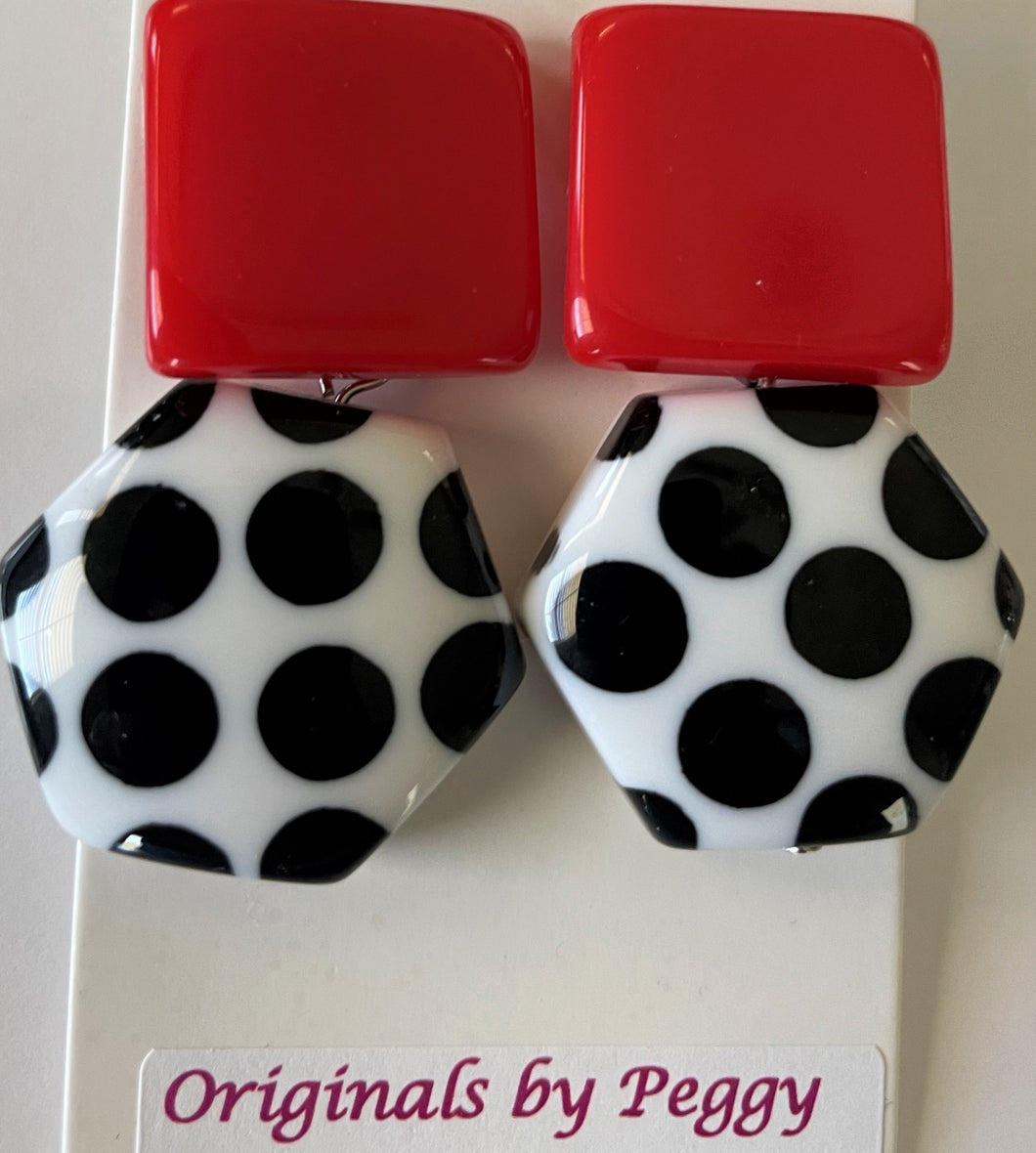 AOR130 Red and Black Polka Dot Acrylic Drop Earrings