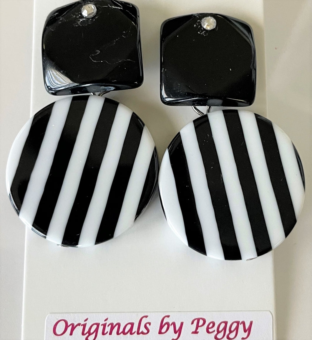 AOR200 Black and  White Striped Acrylic Drop Earrings