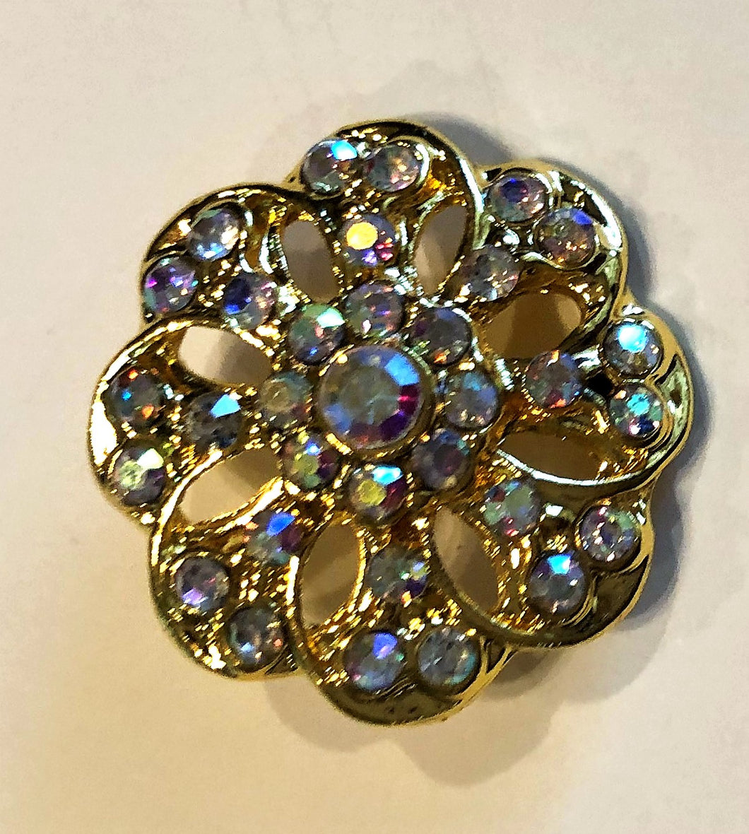 B2400 Iridescent Gold Tone Crystal Flower Button