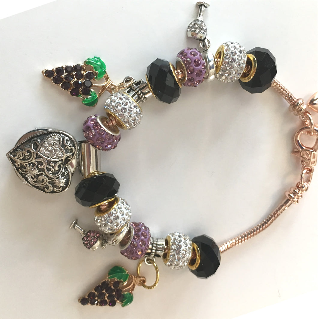 STB300 Wine Crystal Bead Charm Bracelet