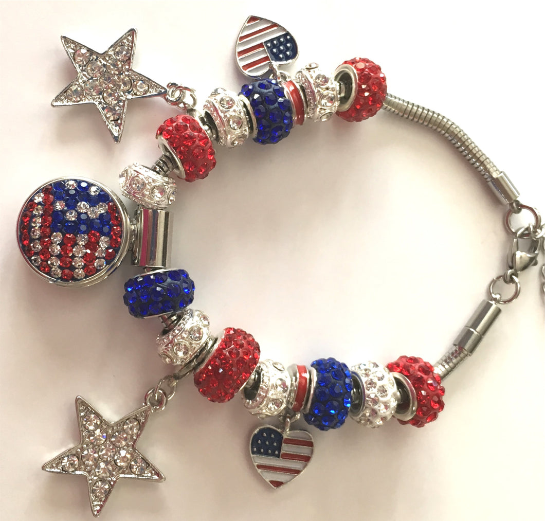 STB100 Patriotic Crystal Bead Charm Bracelet