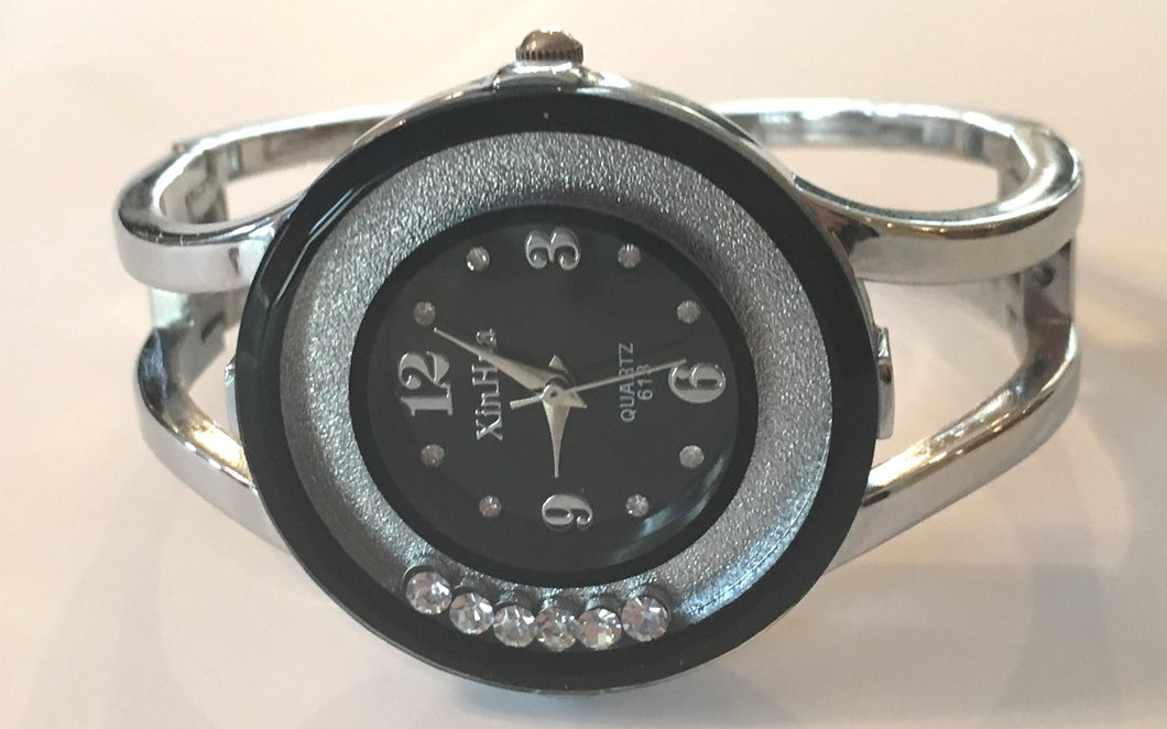 TPW100 Black and Silver Bling Cuff quartz Watch Bracelet