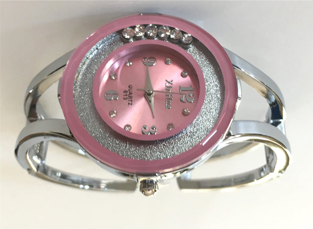 TPW130 Pink and Silver Bling Cuff quartz Watch Bracelet