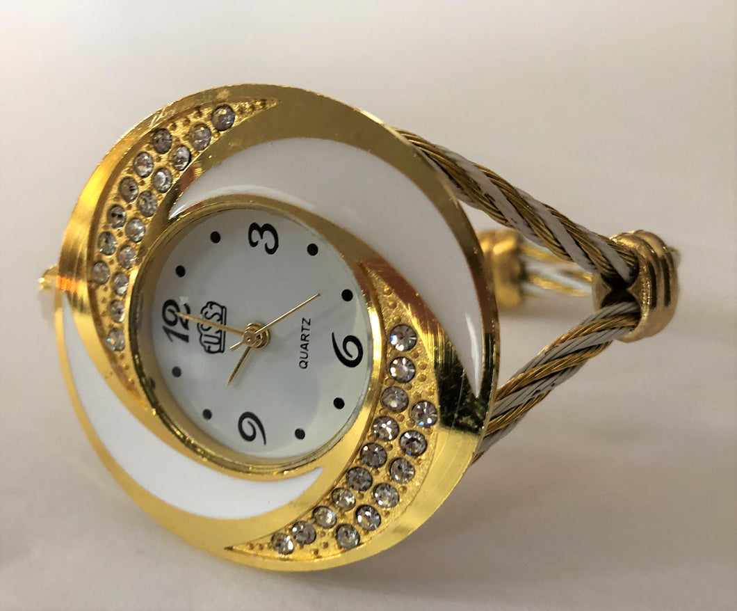 TPW200 White and Gold Crystal Cuff Bracelet Watch
