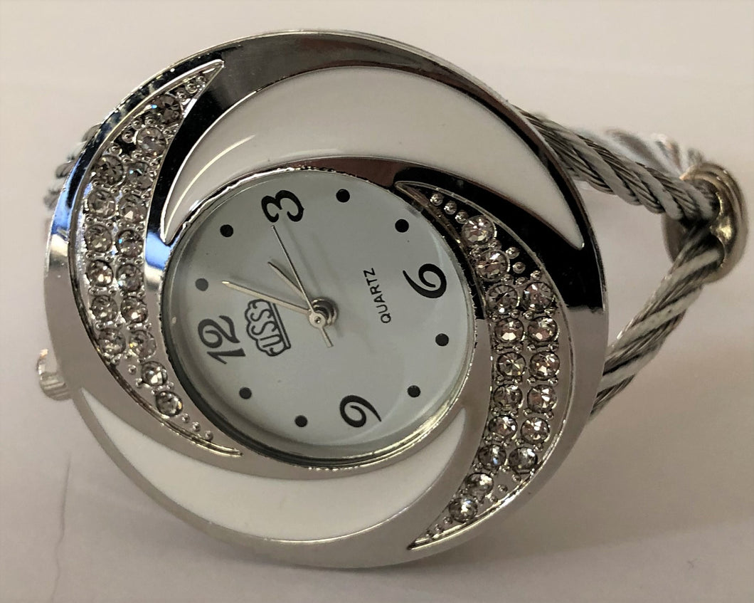 TPW100 White and Silver Crystal Cuff Bracelet Watch